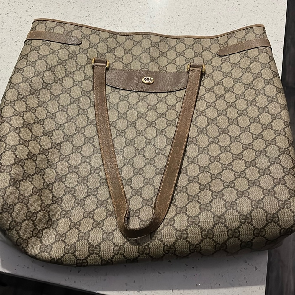 Authentic Vintage GUCCI Shoulder Tote Bag Leather Brown Beige